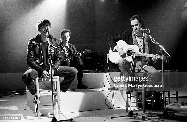 Damon Albarn of Blur with Ray Davies of The Kinks performing together on Channel 4 music TV show The White Room, London, United Kingdom, 1995.