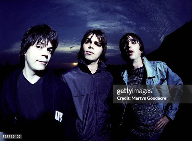 Supergrass, group portrait, United Kingdom, 1997. L-R Mick Quinn, Gaz Coombes and Danny Goffey.