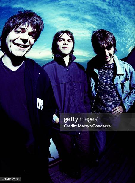 Supergrass, group portrait, United Kingdom, 1997. L-R Mick Quinn, Gaz Coombes and Danny Goffey.