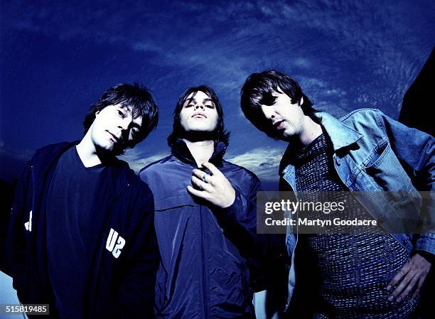 Supergrass, group portrait, United Kingdom, 1997. L-R Mick Quinn, Gaz Coombes and Danny Goffey.