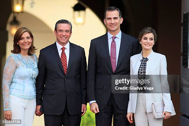 King Felipe VI, Queen Letizia of Spain, Governor of Puerto Rico, Alejandro Garcia Padilla and First Lady Wilma Pastrana as part of their arrival to...