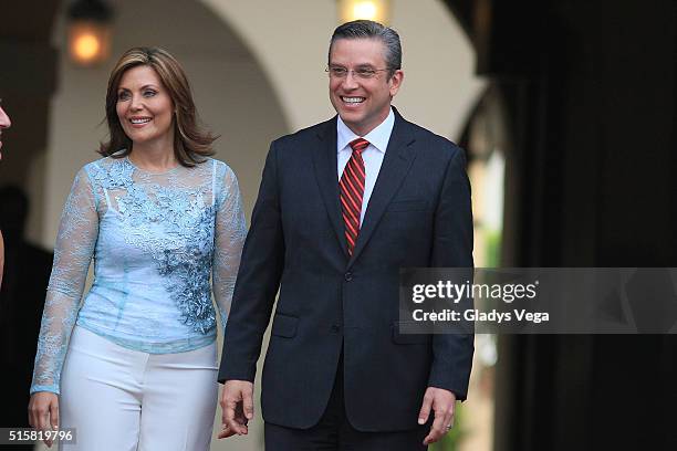 Governor of Puerto Rico, Alejandro Garcia Padilla and the First Lady, Wilma Pastrana waiting for the arrival of King Felipe VI and Queen Letizia of...