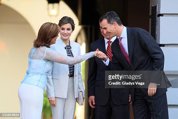 King Felipe VI and Queen Letizia of Spain salute Governor of Puerto Rico, Alejandro Garcia Padilla and First Lady Wilma Pastrana as part of their...