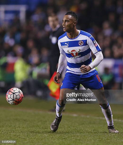 Jordan Obita of Reading during the Emirates FA Cup Sixth Round match between Reading and Crystal Palace at the Madejski Stadium on March 11, 2016 in...