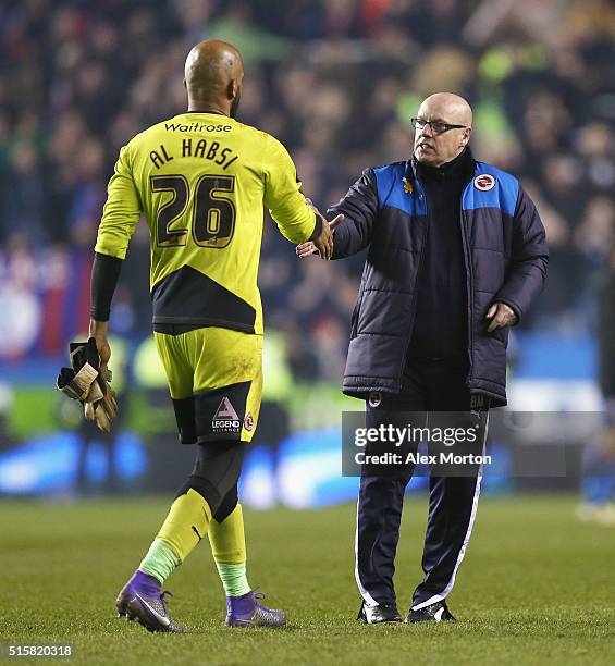 Reading manager Brian McDermott consoles Ali Al Habsi of Reading during the Emirates FA Cup Sixth Round match between Reading and Crystal Palace at...