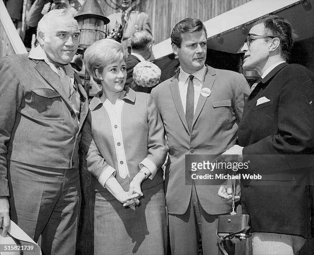 Actors Lorne Greene, Liz Fraser, Roger Moore and Barry Morse, attending the Variety Club of Great Britain Gala, Battersea Festival Gardens, London,...