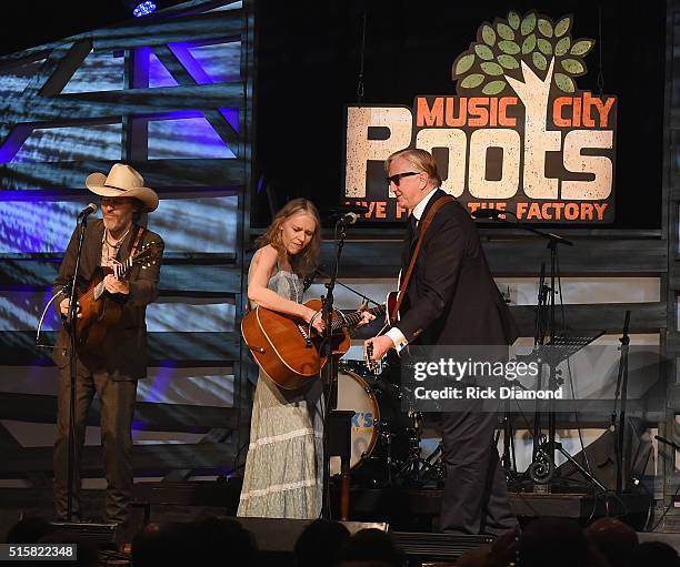 Singers/Songwriters Dave Rawlings and Gillian Welch are joined by Singer/Songwriter T Bone Burnett on stage during a special Tuesday night edition of...