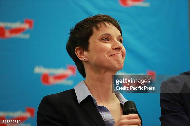 Party leader Frauke Petry during the election night of AfD at AO hostel in Berlin's Lichtenberg district to the state elections in Baden-Württemberg,...