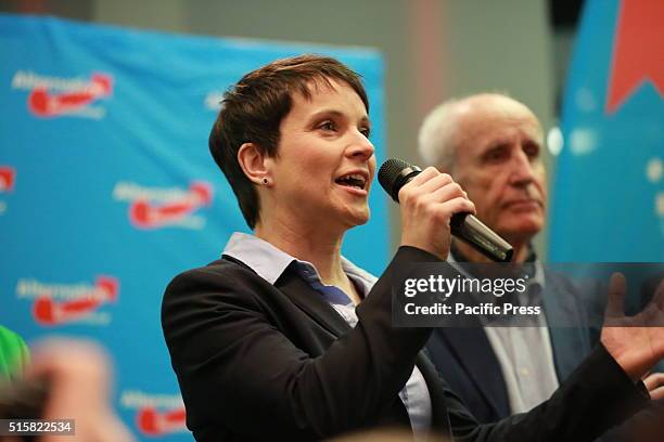 Party leader Frauke Petry and Albrecht Glaser during the election night of AfD at AO hostel in Berlin's Lichtenberg district to the state elections...