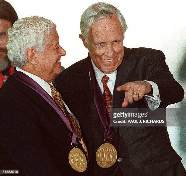 Actor Jason Robards and Latin percussionist Tito Puente are seen in this 29 September 1997 photo after receiving US Medals of the Arts at the White...