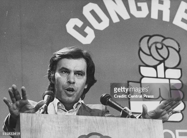 Vice President Felipe Gonzalez giving a speech following his re-election, at the XV International Socialist Congress, Madrid, Spain, circa 1975.