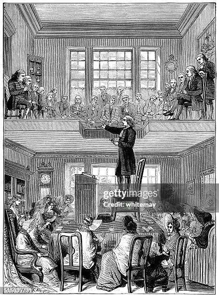 john wesley preaching at nottingham - preacher pulpit stock illustrations