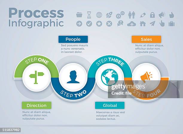 ilustraciones, imágenes clip art, dibujos animados e iconos de stock de cuatro paso proceso infografía - cuatro objetos