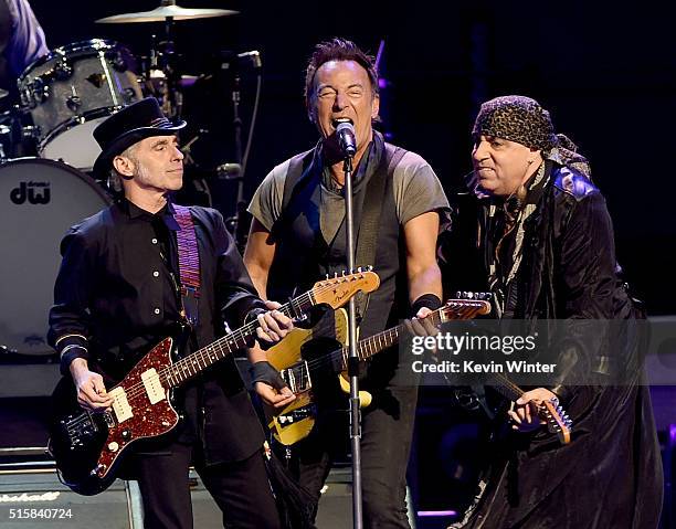 Musicians Nils Lofgren, Bruce Springsteen and Stevie Van Zandt perform with Bruce Springsteen and the E Street Band at the Los Angeles Sports Arena...