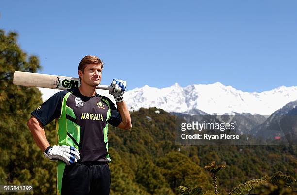 Shane Watson of Australia poses in front of the Himalayas during an Australian portrait session ahead of the ICC 2016 Twenty20 World Cup on March 16,...
