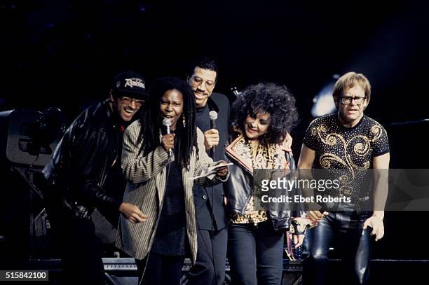 George Michael, Whoopi Goldberg, Lionel Richie, Liz Taylor and Elton John performing at a benefit concert for the Elizabeth Taylor AIDS Foundation at...
