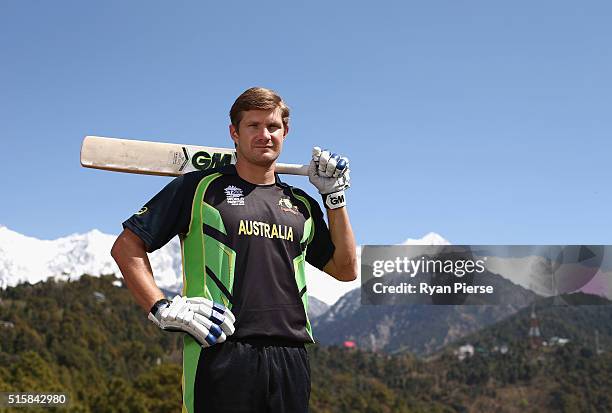 Shane Watson of Australia poses in front of the Himalayas during an Australian portrait session ahead of the ICC 2016 Twenty20 World Cup on March 16,...