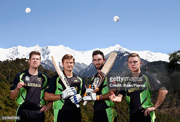 James Faulkner, Shane Watson, Glenn Maxwell and Adam Zampa of Australia pose in front of the Himalayas during an Australian portrait session ahead of...