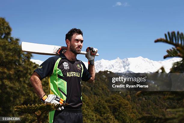 Glenn Maxwell of Australia poses in front of the Himalayas during an Australian portrait session ahead of the ICC 2016 Twenty20 World Cup on March...