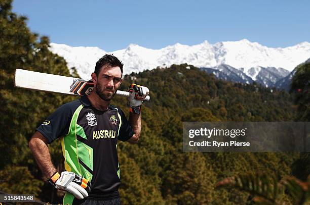 Glenn Maxwell of Australia poses in front of the Himalayas during an Australian portrait session ahead of the ICC 2016 Twenty20 World Cup on March...