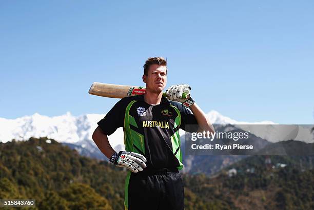 James Faulkner of Australia poses in front of the Himalayas during an Australian portrait session ahead of the ICC 2016 Twenty20 World Cup on March...