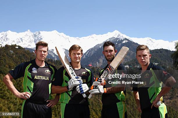 James Faulkner, Shane Watson, Glenn Maxwell and Adam Zampa of Australia pose in front of the Himalayas during an Australian portrait session ahead of...