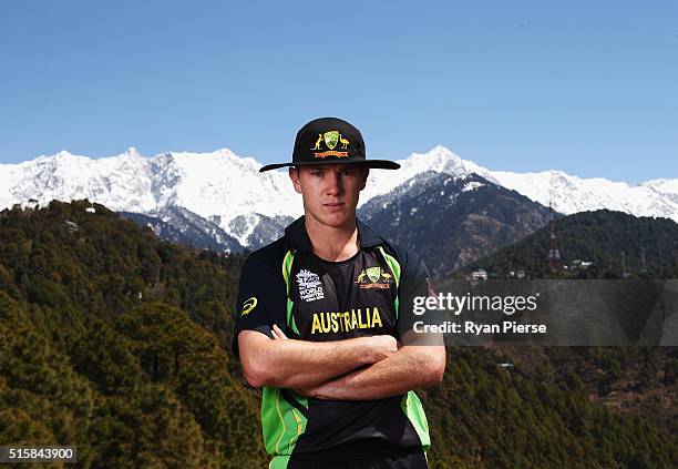 Adam Zampa of Australia poses in front of the Himalayas during an Australian portrait session ahead of the ICC 2016 Twenty20 World Cup on March 16,...