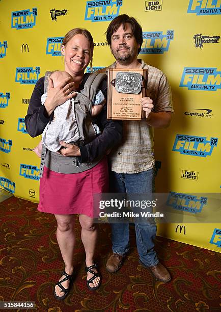 Laura Dunn and Geoff Sewell pose after accepting the award for Special Jury Recognition for Cinematography for 'The Seer' during the SXSW Film Awards...