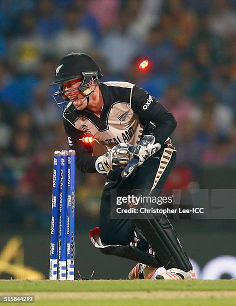 Luke Ronchi of New Zealand stumps out Ravichandran Ashwin of India during the ICC World Twenty20 India 2016 Group 2 match between New Zealand and...