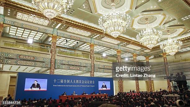 General view of Beijing's Great Hall of the People during the China's Premier Li Keqiang answers questions in a news conference following the closing...
