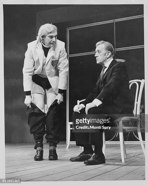 Actors Roddy Maude-Roxby and Sir Alec Guinness, on stage in the play 'Habeas Corpus', at the Lyric Theatre, London, May 9th 1973.