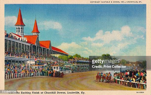An Exciting Finish at Churchill Downs, Louisville, Ky', circa 1940. Churchill Downs, Louisville, Kentucky, United States, is a Thoroughbred racetrack...
