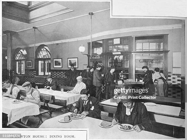 Dining room in a Rowton House, Hammersmith, London, circa 1902 . Rowton Houses were a chain of hostels built in London by Lord Rowton to provide...