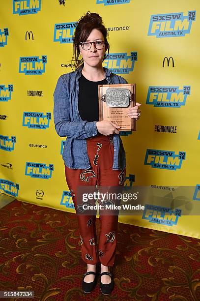 Director Julia Hart accepts the Special Jury Recognition for Best Actress award for "Miss Stevens" on behalf of actress Lily Rabe during the SXSW...