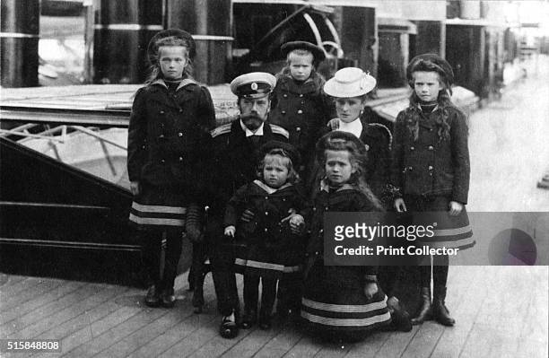 Tsar Nicholas II and Tsarina Alexandra of Russia and their children, 1907. The Russian royal family on their yacht, the Polar Star. From the left,...