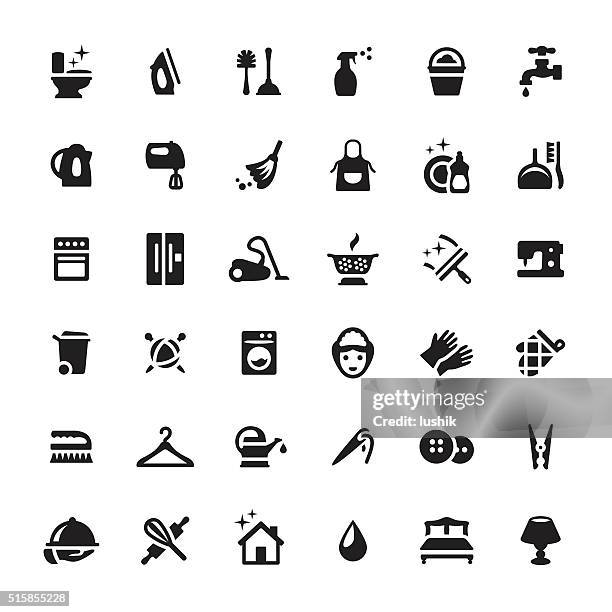 hausarbeit dienstleistungen vektor symbole und symbole - zimmermädchen stock-grafiken, -clipart, -cartoons und -symbole