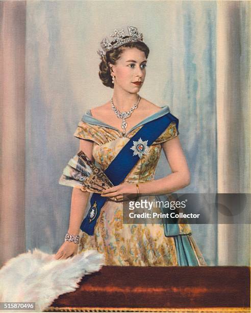 Her Majesty Queen Elizabeth II', circa 1953. Her Majesty Queen Elizabeth II, Wearing the Nizam of Hyderabad necklace made by Cartier, the George IV...
