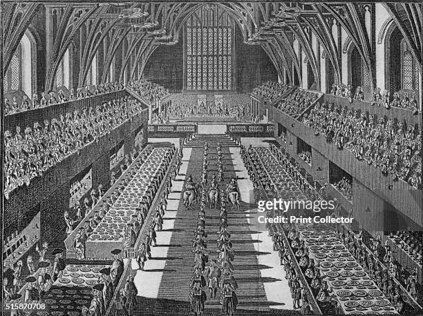 The interior of Westminster Hall at the coronation banquet of King George II, 1727 . George II , King of Great Britain and Ireland, Duke of...