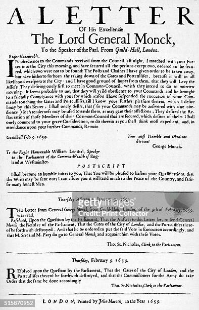 Letter from Lord General Monck to the Speaker of the House of Commons sent from the Guildhall, London, 1659 . From London in the Time of the Stuarts,...