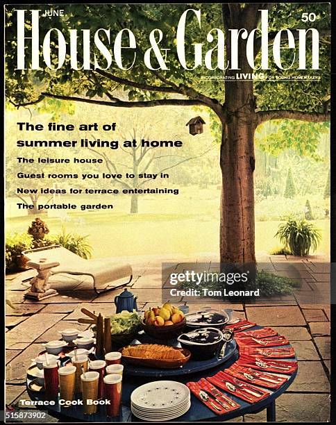 The fine art of summer living at home issue - House & Garden logo in white superimposed on photo of the terrace of the Joshua Logan's estate near...