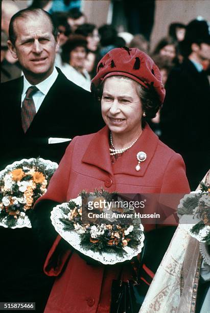 Queen Elizabeth ll and Prince Philip, Duke of Edinburgh attend the Maundy Service at Hereford Cathedral on April 15, 1976 in Hereford, England.
