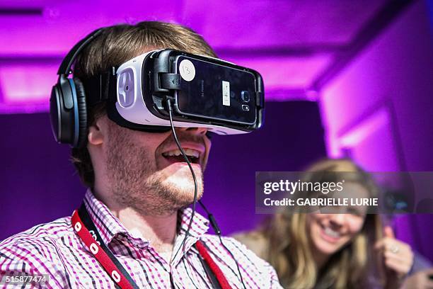 Simon Drake , of Pocket Gamer, tries out the new Minecraft for Gear VR at The Village event space in San Francisco, California on March 15, 2016. /...