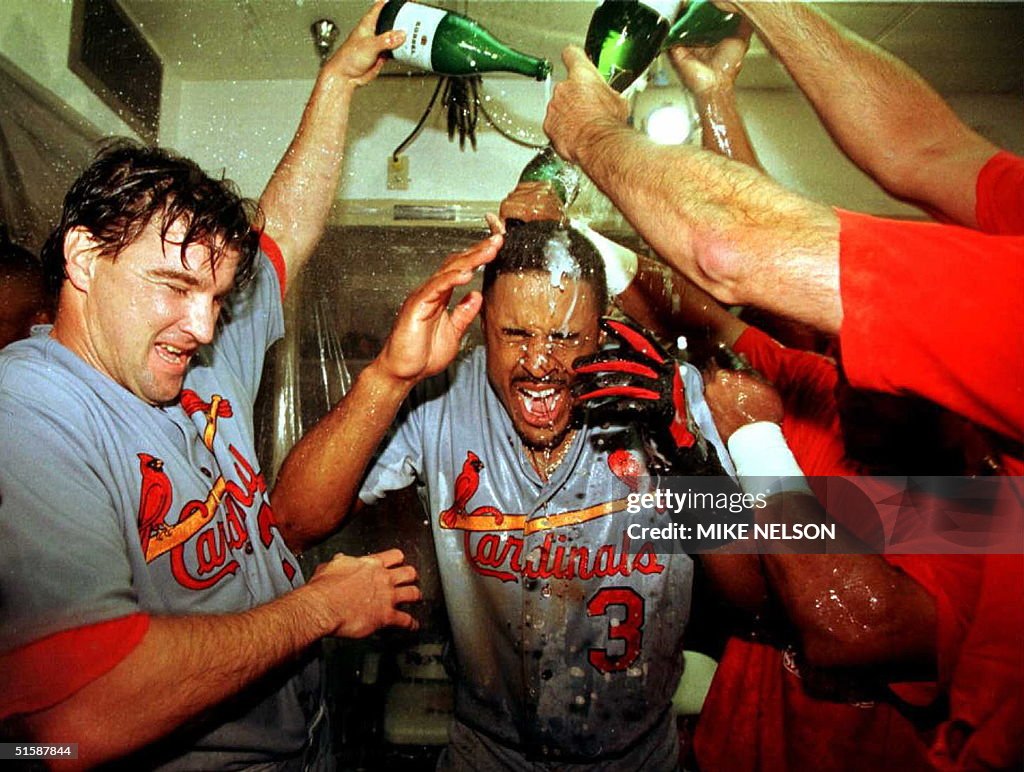 St. Louis Cardinals teammates douse Brian Jordan (