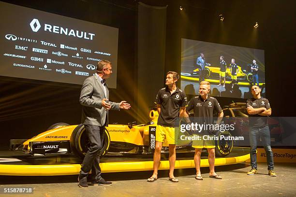 Drivers Jolyon Palmer and Kevin Magnussen and team boss Cyril Abiteboul discuss the new 2016 Reanault F1 team livery with David Croft on March 16,...