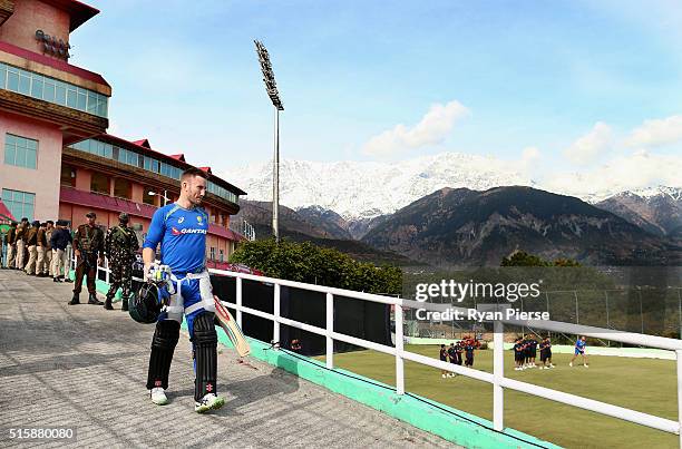 Peter Nevill of Australia walks to the nets during an Australian nets session ahead of the ICC 2016 Twenty20 World Cup on March 16, 2016 in...