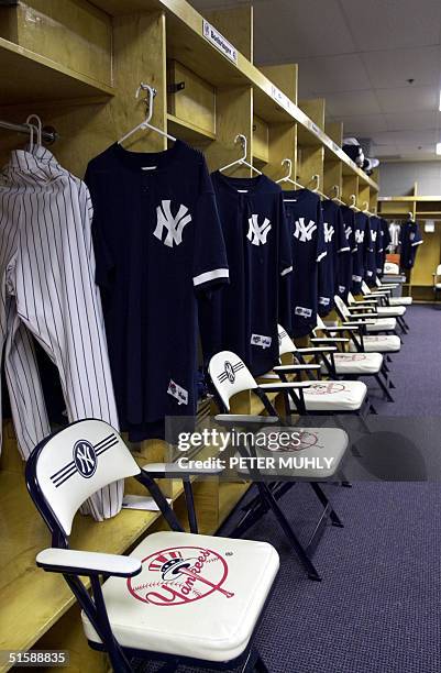 The spring training locker room of the New York Yankees awaits the arrival of the players 14 February 2001 at Legends Field in Tampa, Florida....