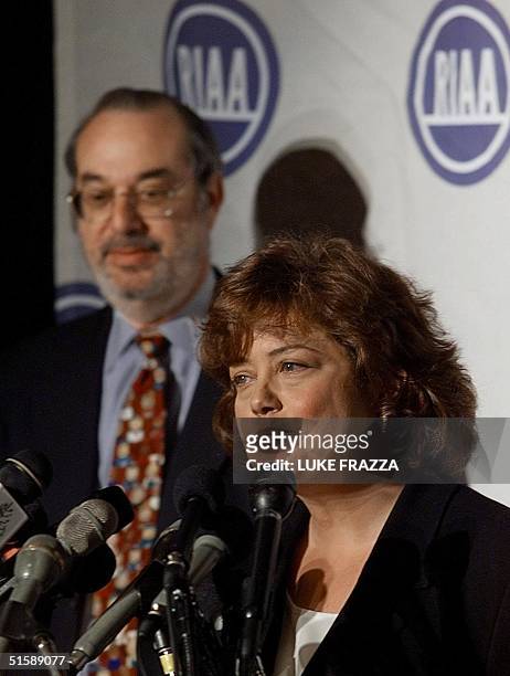 Hilary Rosen , president and ceo of the Recording Industry Association of America, speaks to reporters 12 February 2001 in Washington, DC, with...