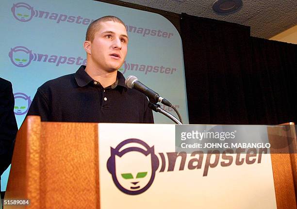 Napster founder Shawn Fanning makes a statement during a press conference 12 February 2001 in San Francisco after an appeals court ruled that Napster...