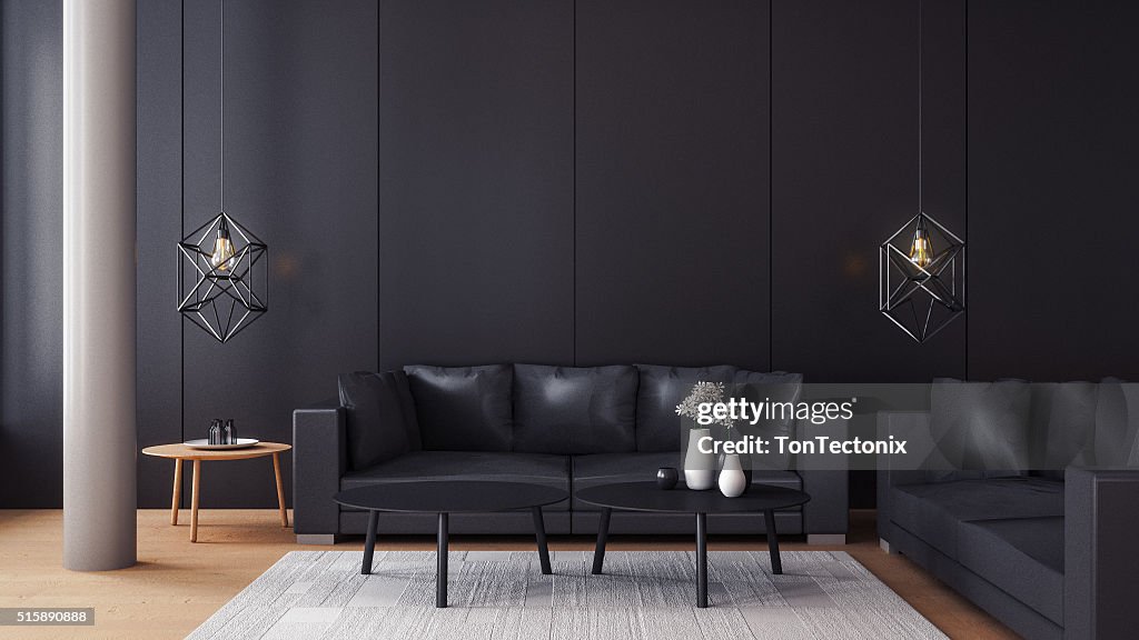 Modern living room with black wall