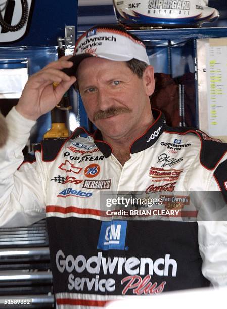 This 09 February 2001 photo shows NASCAR legend Dale Earnhardt as he prepares for the season-opening Daytona 500 at the Daytona International...